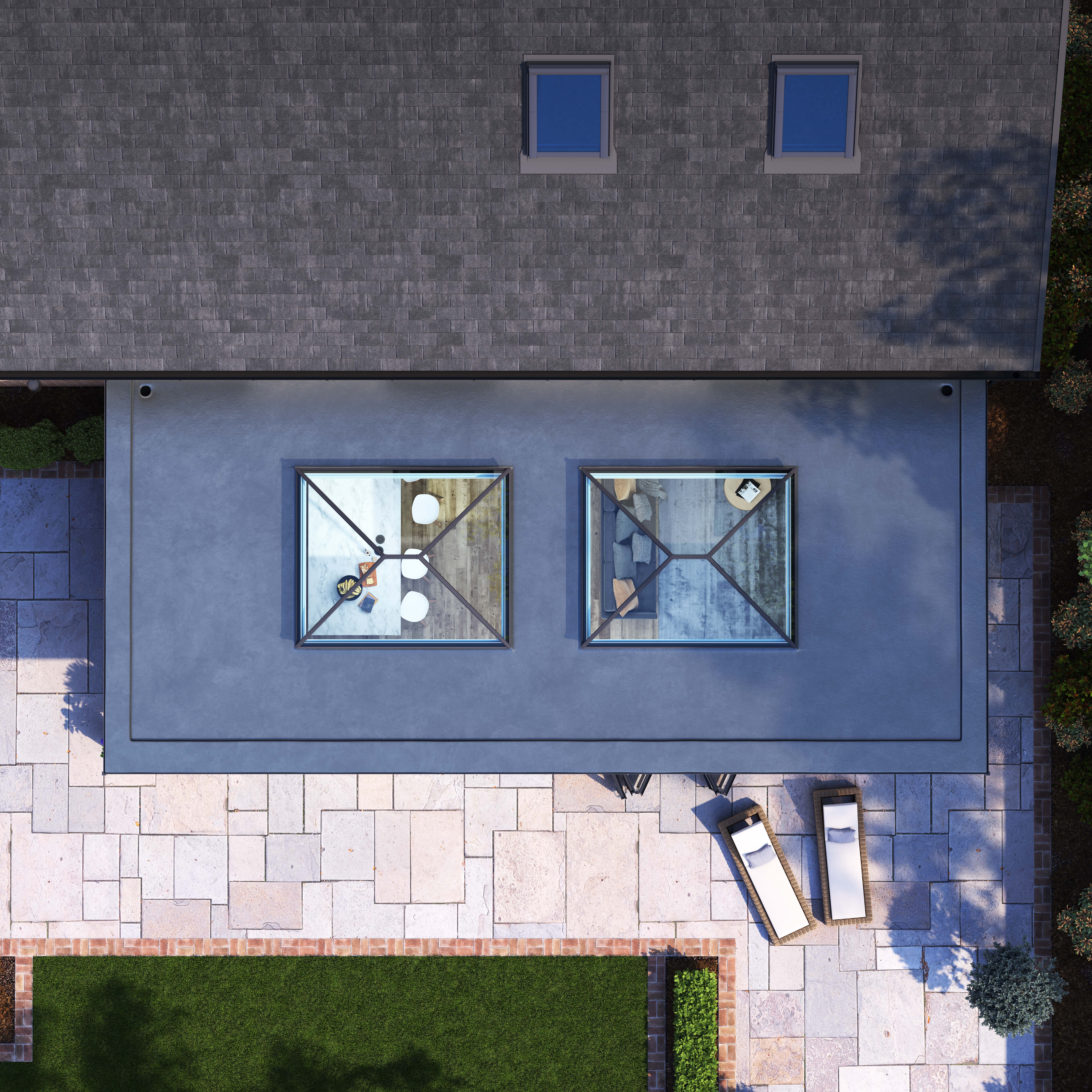 IM007_F350 copy Aerial view of two Korniche Roof Lanterns.