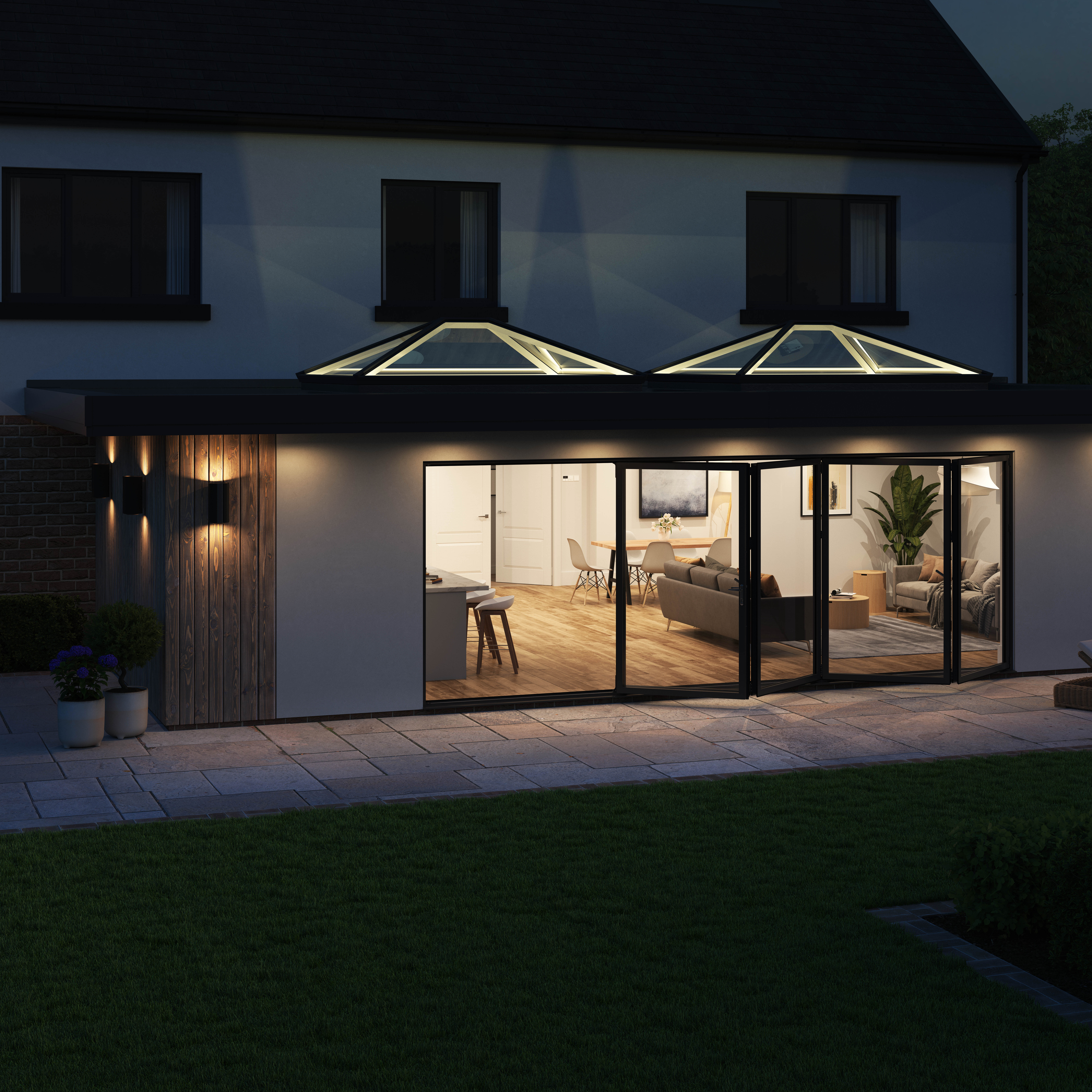 IM009_F305 copy Korniche Roof Lanterns, view of integrated LED lighting and lanterns from outside.