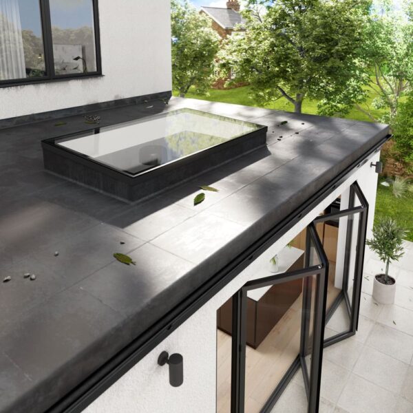 2-Exterior-Main-Lifestyle-Skylight-2-V4-FLAT-1.jpg Fixed flat rooflight on an upstand, shown on a contemporary flat roof above a rear extension.