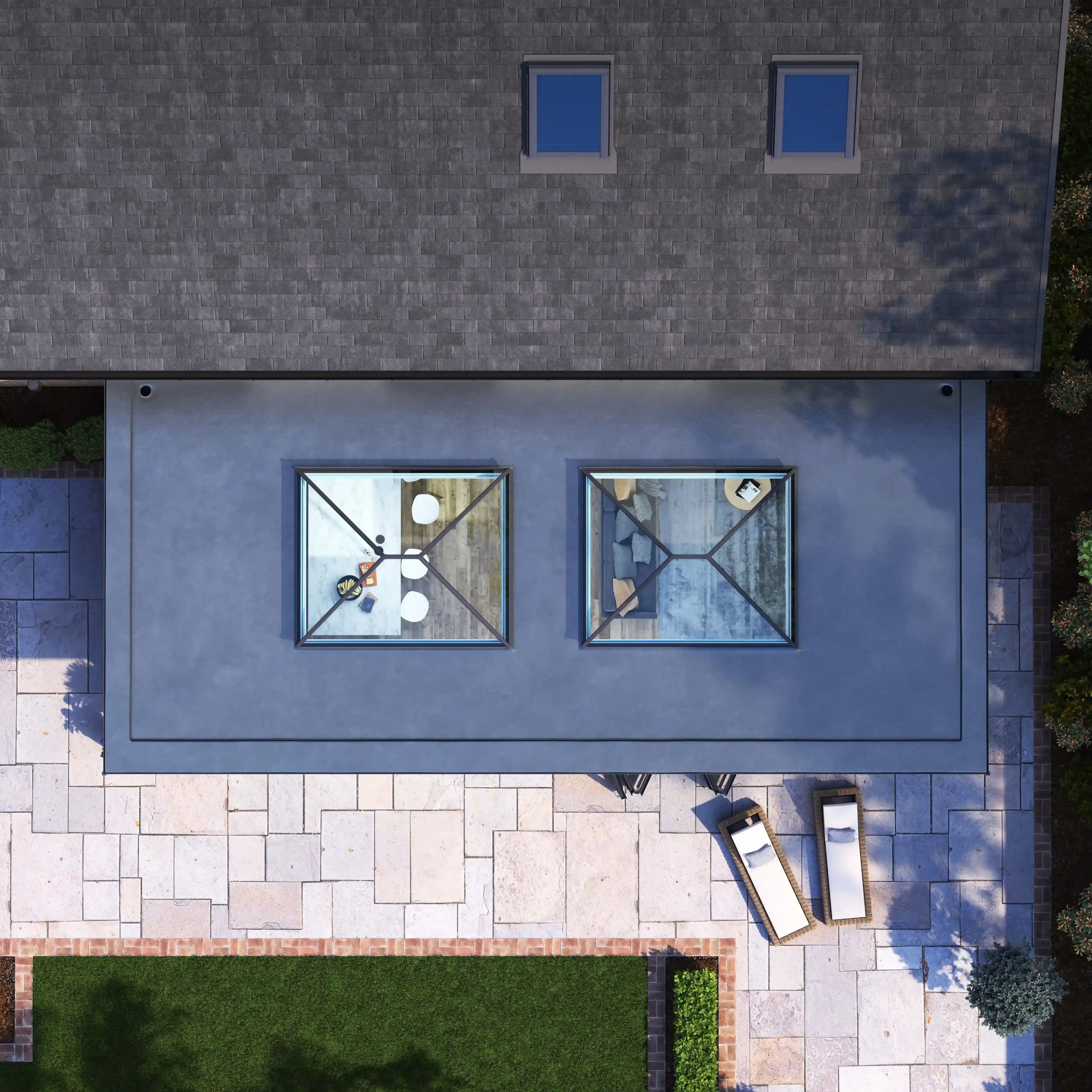 IM007_F350 Aerial view of two Korniche Roof Lanterns.