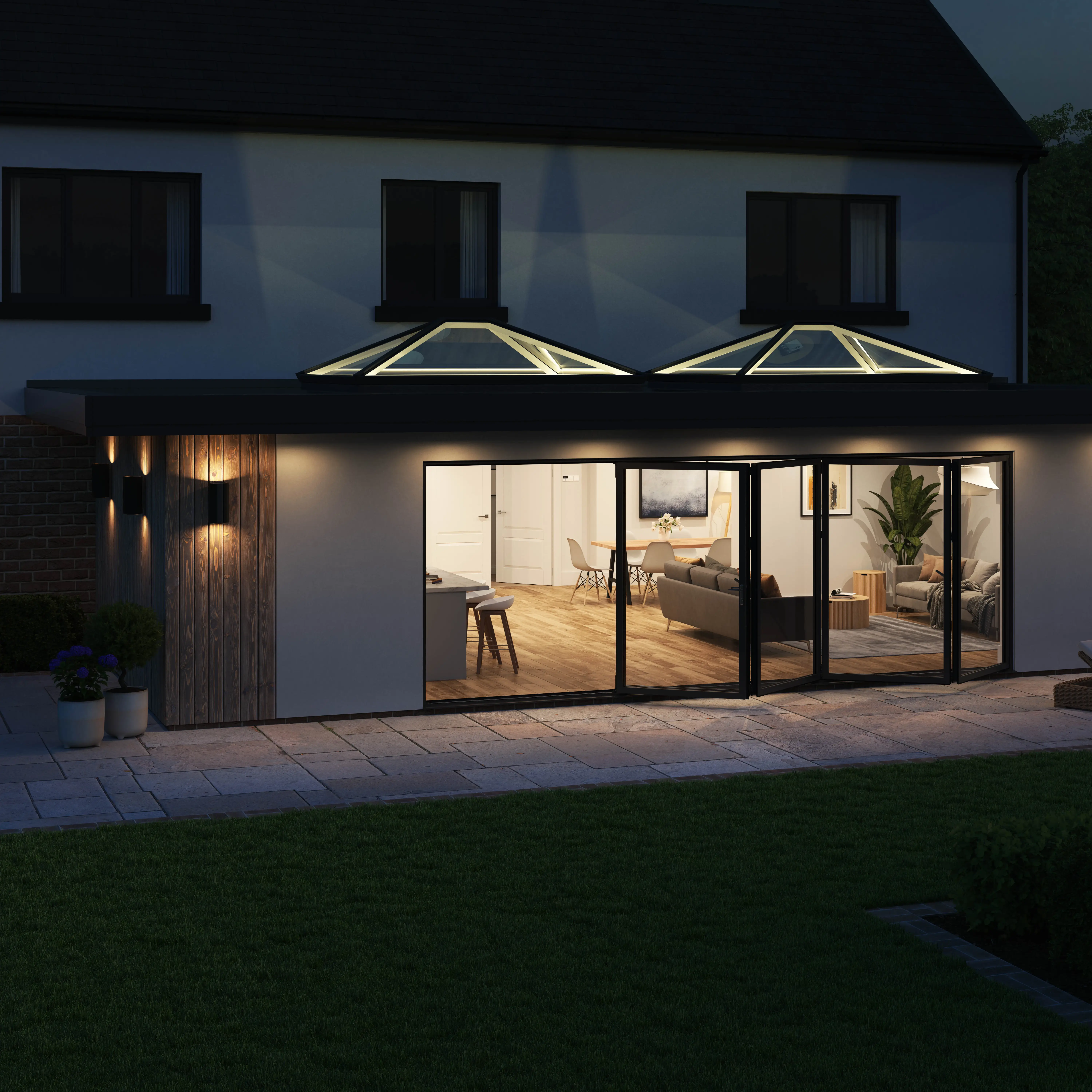 IM009_F305-copy (1) (1) Korniche Roof Lanterns, view of integrated LED lighting and lanterns from outside.